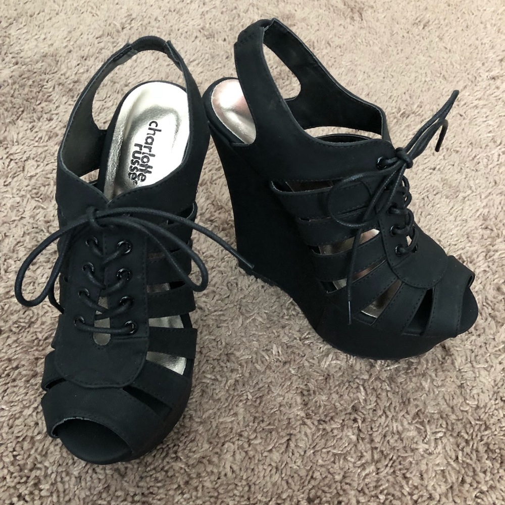 Black lace up wedges